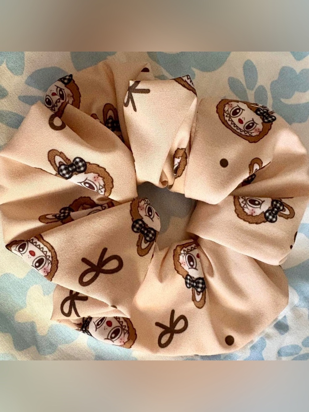 Beige Neutral Bow Labubu Print Scrunchie in Cotton Hair Tie Accessories cute